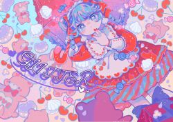 Rule 34 | 1girl, abstract background, apron, bead bracelet, beads, blue background, blue dress, blue eyes, blue hair, bow, box, bracelet, candy, cherry, colored eyelashes, colored lineart, cowboy shot, diagonal-striped dress, dot nose, double bun, dress, dutch angle, earrings, english text, eyeliner, food, frilled apron, frilled cuffs, frills, fruit, gift, gift box, gradient background, hair bow, hair bun, hand on own chin, hands up, heart, heart print, highres, hikimayu, holding, holding umbrella, jewelry, layered dress, long sleeves, maid headdress, makeup, medium hair, multi-tied hair, multicolored hair, multiple rings, original, pink hair, puffy long sleeves, puffy sleeves, purple petals, red bow, red dress, red eyeliner, red nails, red umbrella, renko1011, ring, seashell, shell, shell earrings, solo, sparkle, streaked hair, stuffed animal, stuffed toy, swept bangs, teddy bear, two-tone background, two-tone dress, umbrella, white apron, white wrist cuffs, wrapped candy, wrist cuffs, yellow background