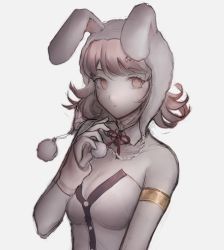 Rule 34 | 1girl, animal hood, bad id, bad pixiv id, bare shoulders, black leotard, breasts, brown eyes, brown hair, cleavage, danganronpa (series), danganronpa 2: goodbye despair, detached collar, flipped hair, galaga, grey background, hair ornament, hand up, hood, large breasts, leotard, looking at viewer, nanami chiaki, neck ribbon, official alternate costume, parted lips, playboy bunny, rabbit hood, red ribbon, ribbon, simple background, solo, two-tone leotard, unfinished, white leotard, xx retxx