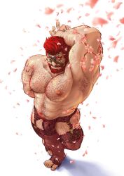 Rule 34 | 1boy, abs, arm over head, armpit hair, back hair, bara, beard, borrowed character, bulge, crotchless, crotchless pants, dancing, facepaint, facial hair, falling petals, final fantasy, final fantasy xiv, foreshortening, from above, full beard, full body, glasses, hairy, highres, ink (twistydr0p), large pectorals, looking at viewer, male focus, mature male, muscular, muscular male, navel, navel hair, nipple hair, nipples, pants, pectorals, petals, roegadyn, round eyewear, seductive smile, short hair, smile, solo, sparse arm hair, sparse leg hair, standing, standing on one leg, stomach, strongman waist, thick back hair, thick beard, thick chest hair, thick eyebrows, thick navel hair, topless male, tsurime, ugly man, very hairy, warrior of light (ff14)