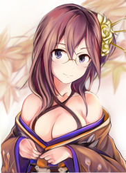 Rule 34 | 10s, 1girl, bare shoulders, blue eyes, breasts, brown hair, cleavage, closed mouth, floral print, flower, hair between eyes, hair flower, hair ornament, halterneck, idolmaster, idolmaster cinderella girls, japanese clothes, kimono, long hair, long sleeves, looking at viewer, medium breasts, nannacy7, obi, off shoulder, sash, smile, solo, upper body, wide sleeves, yagami makino