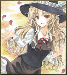 Rule 34 | 1girl, blonde hair, breasts, brown headwear, brown skirt, brown vest, collared shirt, commentary request, cross, dolls in pseudo paradise, dutch angle, fedora, frilled hat, frilled skirt, frilled sleeves, frills, hajike akira, hat, hat feather, highres, holding, holding cross, jacket girl (dipp), long hair, long sleeves, open mouth, petals, photo (medium), red ribbon, ribbon, shirt, skirt, small breasts, touhou, traditional media, upper body, vest, wavy hair, white shirt