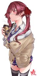 Rule 34 | 1girl, absurdres, alternate costume, black thighhighs, blue necktie, brown cardigan, can, cardigan, eyepatch, hair ribbon, hand in pocket, highres, holding, holding can, hololive, houshou marine, long hair, long sleeves, necktie, nillith, red eyes, red hair, red ribbon, ribbon, school uniform, shirt, simple background, solo, steam, thighhighs, thighs, twintails, virtual youtuber, white background, white shirt