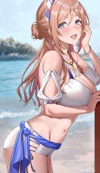 1girl bikini blue_eyes blue_sky breasts brown_hair cleavage cloud day deras gakuen_idolmaster highres himesaki_rinami idolmaster large_breasts long_hair looking_at_viewer outdoors sky solo swimsuit white_bikini