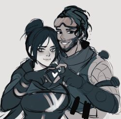 Rule 34 | 1boy, 1girl, absurdres, animification, apex legends, bodysuit, breasts, commentary, dark-skinned male, dark skin, english commentary, facial hair, fingerless gloves, gloves, goatee, goggles, goggles on head, greyscale, hair behind ear, heart, heart hands, heart hands duo, hetero, highres, looking at viewer, medium breasts, mirage (apex legends), monochrome, nsfwolf, parted lips, scarf, short hair, simple background, sketch, smile, v-shaped eyebrows, wraith (apex legends)