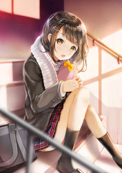 Rule 34 | 1girl, :o, bag, black socks, blue skirt, blurry, brown eyes, brown hair, coat, depth of field, gift, hair ornament, hairclip, highres, holding, holding gift, indoors, kneehighs, loafers, long hair, looking at viewer, open mouth, original, plaid, plaid skirt, pleated skirt, red skirt, ribbed sweater, school, school bag, shade, shoes, sibyl, sitting, sitting on stairs, skirt, socks, solo, stairs, striped clothes, striped skirt, sweater, swept bangs, teeth, turtleneck, turtleneck sweater, valentine