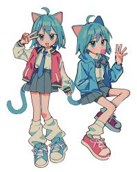 Rule 34 | 1girl, animal ears, blue eyes, blue footwear, blue hair, blue necktie, bow, cat ears, cat girl, cat tail, chewing gum, fang, grey bow, grey skirt, hair ornament, hairclip, highres, jacket, letterman jacket, loose socks, multicolored clothes, multicolored jacket, necktie, open clothes, open jacket, original, red footwear, school uniform, shirt, shoes, skirt, sneakers, socks, tail, track jacket, two-tone footwear, two-tone jacket, umipi, v, waving, white shirt