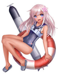 Rule 34 | 10s, 1girl, :d, bare legs, bare shoulders, blue eyes, blush, covered navel, flower, hair flower, hair ornament, highres, kantai collection, lifebuoy, long hair, looking at viewer, mizuya nao, neckerchief, one-piece swimsuit, open mouth, ro-500 (kancolle), sailor collar, school swimsuit, silver hair, simple background, slippers, smile, solo, swim ring, swimsuit, swimsuit under clothes, tan, tanline, torpedo, white background