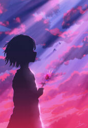 Rule 34 | 1girl, absurdres, bird, cloud, cloudy sky, flower, highres, holding, holding flower, light, light rays, looking to the side, original, outdoors, pink flower, pink sky, purple sky, scenery, shadow, short hair, signature, sketch, sky, skyrick9413, solo, standing, upper body