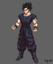 Rule 34 | black eyes, black hair, dragon ball, earrings, fighting stance, fusion, highres, jewelry, muscular, muscular male, potara, potara earrings, potential unleashed, serious, son gohan, son goku, tagme, ultimate gohan