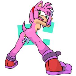 Rule 34 | 1girl, against wall, amy rose, animal ears, animal nose, anus, arm up, ass, between legs, breast press, breasts, cleft of venus, colored skin, female focus, filthypaladin, from behind, full body, furry, furry female, gloves, green eyes, hairband, half-closed eyes, hand between legs, highres, leaning forward, legs apart, looking back, looking down, looking to the side, medium breasts, multicolored skin, nude, open mouth, pink hair, pink skin, presenting, pussy, red footwear, red hairband, shoes, short hair, simple background, smile, solo, sonic (series), spread legs, standing, tail, teeth, two-tone background, two-tone skin, uncensored, white background, white gloves