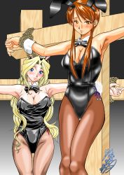 Rule 34 | 00s, 2girls, animal ears, bdsm, blonde hair, blue eyes, bondage, bound, bow, bowtie, breasts, brown eyes, brown hair, cleavage, coquelicot (sakura taisen), crucifixion, detached collar, fake animal ears, freckles, highres, iio tetsuaki, iris chateaubriand, large breasts, long hair, multiple girls, aged up, pantyhose, playboy bunny, rabbit ears, rabbit tail, rope, sakura taisen, sakura taisen iii, tail, tears, wrist cuffs