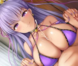 Rule 34 | 1boy, 1girl, absurdres, bare shoulders, bb (fate), bb (fate) (all), bb (swimsuit mooncancer) (fate), bb (swimsuit mooncancer) (second ascension) (fate), bead bracelet, beads, bikini, black gloves, blush, bracelet, breasts, cleavage, closed mouth, collarbone, command spell, cum, dark-skinned female, dark skin, ejaculation, fate/grand order, fate (series), fingerless gloves, gloves, hair ornament, hair ribbon, hairband, handsfree paizuri, highres, holding hands, interlocked fingers, jewelry, large breasts, licking lips, long hair, looking at viewer, nail polish, neck ribbon, paizuri, purple bikini, purple eyes, purple hair, renetan, ribbon, smile, star (symbol), star hair ornament, swimsuit, tan, thighs, tongue, tongue out, very long hair