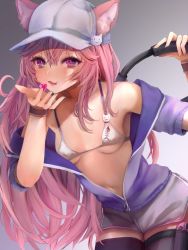 Rule 34 | 1girl, alternate costume, animal ear fluff, animal ears, armpits, baseball cap, bikini, black thighhighs, blue jacket, breasts, cat ears, cat girl, cat ornament, collarbone, controller, cowboy shot, eyebrows hidden by hair, fish bone, gradient background, grey background, grey shorts, hair between eyes, hat, heart, highres, holding, holding controller, jacket, joy-con, leaning forward, licking lips, long hair, looking at viewer, lvl1hp0, navel, nyatasha nyanners, off shoulder, open clothes, partially unzipped, pink hair, purple eyes, ribbed shirt, ring-con, shirt, shorts, sidelocks, signature, simple background, small breasts, solo, standing, swimsuit, thigh strap, thighhighs, tongue, tongue out, track jacket, very long hair, virtual youtuber, vshojo, white background, white bikini, white hat, wristband, zipper pull tab