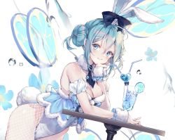 Rule 34 | 1girl, animal ears, aqua hair, bicute bunnies miku, blue eyes, blush, bow, breasts, cleavage, closed mouth, commentary request, cup, drinking glass, drinking straw, elbow rest, fake animal ears, fake tail, fishnet pantyhose, fishnets, fur collar, hatsune miku, head rest, leotard, lips, looking at viewer, medium breasts, necktie, pantyhose, rabbit ears, rabbit tail, shiny skin, simple background, smile, solo, strapless, table, tail, tena, thighs, vocaloid, white pantyhose, wrist cuffs