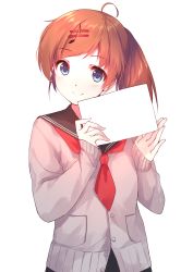 Rule 34 | 1girl, absurdres, ahoge, blue eyes, blush, brown hair, caidychen, cardigan, closed mouth, diversity promotions, fortissimo, fujiwara yuzuru, hair ornament, hairclip, hands up, happy, highres, holding, holding sign, long hair, looking at viewer, musical note, musical note hair ornament, neckerchief, ponytail, quaver, red neckerchief, school uniform, serafuku, sign, smile, solo, standing, transparent background, upper body, yuzuru (diversity)
