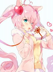 Rule 34 | 10s, 1girl, ahoge, animal ears, aqua eyes, bad id, bad pixiv id, between breasts, blue background, blush, box, breasts, cardigan, cat ears, cat girl, fang, from side, gift, hair between eyes, hair ornament, hands up, heart, heart-shaped box, heart ahoge, heart hair ornament, holding, holding gift, kanaicooo, long hair, open cardigan, open clothes, open mouth, pink hair, rosia (show by rock!!), show by rock!!, smile, solo, string, string of fate, striped, striped background, sweater, turtleneck, turtleneck sweater, twintails, upper body, vertical stripes, very long hair, wavy hair, yellow sweater