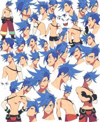 Rule 34 | 1boy, back, bad id, bad twitter id, black gloves, blue eyes, blue hair, crossed arms, expressions, galo thymos, gloves, hand on own hip, highres, jacket, male focus, multiple views, open mouth, pectorals, pro ur sumi, promare, topless male, smile, spiked hair, underwear
