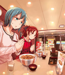 Rule 34 | 10s, 2girls, alternate costume, blue eyes, blue hair, blush, bowl, brick wall, building, casual, ceiling, ceiling light, chain, chopsticks, cross, cross-laced clothes, cup, drinking glass, egg, familymart, familymart, food, food request, glass, gyuudon, hair ornament, holding, hood, hooded jacket, indoors, jacket, long hair, long sleeves, mahou shoujo madoka magica, mahou shoujo madoka magica (anime), menu, miki sayaka, multiple girls, night, noodles, own hands together, parted bangs, ponytail, poster (object), red eyes, red hair, reflection, restaurant, ryuunosuke (luckyneco), sakura kyoko, sauce, short hair, striped, sweatdrop, tray
