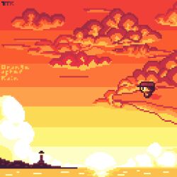 Rule 34 | 1boy, building, cloud, cloudy sky, day, highres, morning, ocean, on cloud, orange sky, original, pixel art, reflection, reflective water, scenery, shore, sky, sunrise, tomoruka mr, water