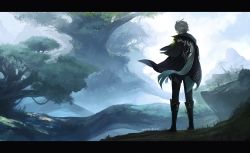 Rule 34 | 1boy, absurdres, alhaitham (genshin impact), anna (drw01), black footwear, boots, cape, full body, genshin impact, grey hair, headphones, highres, letterboxed, male focus, solo, standing, tree