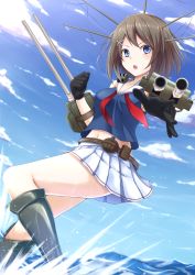Rule 34 | 10s, 1girl, aiming, aiming at viewer, black gloves, blue eyes, brown hair, cloud, day, from side, gloves, highres, kantai collection, kneehighs, looking at viewer, maya (kancolle), open mouth, oruna, outdoors, personification, pleated skirt, school uniform, serafuku, short hair, skirt, sky, sleeveless, socks, solo, water