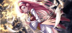 Rule 34 | 1girl, artist request, bird, blurry, blurry foreground, breasts, cleavage, cleavage cutout, clothing cutout, cloud, cloudy sky, code geass, code geass: lost stories, cowboy shot, day, diffraction spikes, dove, dress, dutch angle, euphemia li britannia, feathers, female focus, game cg, glint, hair bun, hairband, hands up, happy, highres, holding, light rays, long hair, long sleeves, looking at viewer, medal, medium breasts, non-web source, official art, outdoors, own hands together, parted lips, pillar, pink dress, pink hair, purple eyes, side slit, sky, smile, solo, standing, sunlight, teeth, two-tone dress, very long hair, white dress, white feathers, white hairband, wide sleeves, yellow sky