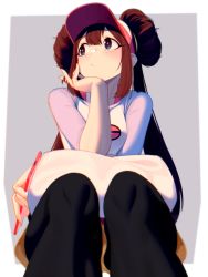 Rule 34 | 1girl, black pantyhose, blue eyes, blush, bright pupils, brown hair, cellphone, closed mouth, commentary request, creatures (company), dev (dev0614), double bun, from below, game freak, hair bun, hand up, head rest, holding, holding phone, knees, long hair, looking to the side, nintendo, pantyhose, pantyhose under shorts, phone, pokemon, pokemon bw2, raglan sleeves, rosa (pokemon), shorts, solo, twintails, visor cap, white pupils, yellow shorts