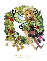 Rule 34 | 1girl, bad id, bad pixiv id, blonde hair, bow, bow (weapon), braid, butterfly wings, character name, choker, crossbow, fairy, flower, food, frog, fruit, hair flower, hair ornament, head wreath, insect wings, mercedes (odin sphere), odin sphere, puff and slash sleeves, puffy sleeves, raspberry, red eyes, shorts, siro (asteblanc), solo, twin braids, weapon, white footwear, wings, wreath
