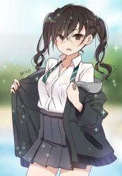 Rule 34 | 1girl, absurdres, bad id, bad pixiv id, black bra, blurry, blurry background, bra, bra visible through clothes, brown eyes, brown hair, character name, collared shirt, commentary request, depth of field, goyain, grey jacket, grey skirt, hair between eyes, highres, idolmaster, idolmaster cinderella girls, jacket, long hair, looking at viewer, mole, mole under eye, open clothes, open jacket, parted lips, pleated skirt, see-through, sharp teeth, shirt, skirt, solo, sparkle, sunazuka akira, teeth, twintails, underwear, wet, wet clothes, wet shirt, white shirt