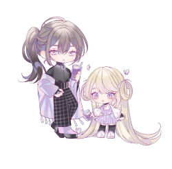 Rule 34 | 1boy, 1girl, age difference, bishounen, black shirt, black thighhighs, blonde hair, blush, bug, butterfly, chibi, couple, cup, disposable cup, dress, full body, garter straps, grey hair, hair rings, holding, holding cup, insect, long hair, msa (fary white), open mouth, original, ponytail, red pupils, shirt, simple background, thighhighs, very long hair, white eyes