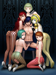 Rule 34 | 1boy, 5girls, abs, aegis (persona), android, aqua eyes, arched back, ass, ass grab, at gunpoint, atlus, bare back, bent over, between thighs, blonde hair, blue background, blue eyes, blue hair, blunt bangs, bra, breasts, brown eyes, brown hair, brown legwear, collarbone, colored skin, covered erect nipples, crotch grab, curly hair, dark, earrings, elenab, elizabeth (persona), expressionless, feet, finger to mouth, fingernails, flat chest, frottage, girl sandwich, green eyes, green hair, green legwear, groping, gun, hair between eyes, hand on another&#039;s chest, hand on own ass, hand on shoulder, harem, headphones, high heels, highres, holding, holding another&#039;s foot, jewelry, kirijou mitsuru, kneeling, leaning, lingerie, lips, lipstick, long hair, looking at viewer, looking back, makeup, multiple girls, muscular, nipples, open mouth, pantyhose, persona, persona 3, pimp, red eyes, red hair, red legwear, sandwiched, serious, shoes, short hair, sidelocks, skin tight, small breasts, standing, striped bra, striped clothes, striped legwear, striped pantyhose, swept bangs, takeba yukari, topless male, underwear, vertical-striped clothes, vertical-striped legwear, vertical-striped pantyhose, weapon, white skin, worried, yamagishi fuuka, yellow eyes, yellow legwear, yuuki makoto (persona 3)