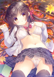 Rule 34 | 1girl, :o, autumn leaves, book, bow, bow bra, bow panties, bra, briefcase, brown eyes, brown hair, brown thighhighs, cameltoe, cardigan, collared shirt, commentary request, dress shirt, gluteal fold, grey cardigan, grey skirt, hair bow, hair ornament, hair spread out, hairclip, hands up, leaf, long hair, long sleeves, looking at viewer, lying, maple leaf, melonbooks, navel, on back, open book, open cardigan, open clothes, open shirt, original, panties, parted lips, plaid, plaid skirt, pleated skirt, red bow, school briefcase, school uniform, shirt, skirt, sleeves past wrists, solo, thighhighs, underwear, very long hair, watermark, white bra, white panties, white shirt, yukie (peach candy)