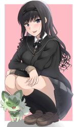 Rule 34 | 1girl, :p, amagami, black socks, blue eyes, blush, buttons, commentary, creatures (company), crossed arms, crossover, drill hair, game freak, hairband, kneehighs, loafers, looking at viewer, mori heichi, morishima haruka, nintendo, pokemon, pokemon (creature), ribbon, sailor collar, shoes, simple background, socks, solo, sprigatito, squatting, sweater, tongue, tongue out