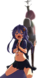 Rule 34 | 10s, 2girls, bad id, bad pixiv id, blue eyes, crescent, crescent hair ornament, engiyoshi, hair ornament, highres, kantai collection, kneeling, lens flare, long hair, midriff, multiple girls, mutsuki (kancolle), navel, open mouth, purple hair, school uniform, short hair with long locks, skirt, tears, torn clothes, yayoi (kancolle)