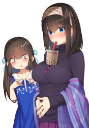 Rule 34 | 2girls, absurdres, blue dress, blue eyes, blush, breast envy, breasts, brown eyes, brown hair, bubble tea, bubble tea challenge, collarbone, commentary request, dress, drinking, fingers together, go-1, hair between eyes, hairband, half updo, highres, idolmaster, idolmaster cinderella girls, jewelry, large breasts, long hair, long sleeves, mouth hold, multiple girls, necklace, own hands together, ribbon, sagisawa fumika, shaded face, shawl, simple background, standing, tachibana arisu, triangle mouth, turtleneck, upper body, white background