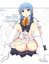 Rule 34 | 1girl, ascot, ass, blue eyes, blue hair, blunt bangs, blush, feet, gloves, hatsukaze (kancolle), highres, hime cut, kantai collection, long hair, looking at viewer, mishima hiroji, open clothes, open mouth, orange ascot, panties, panty pull, pussy, pussy juice, see-through, shirt, skirt, solo, spread pussy, thighs, underwear, vest, white background, white gloves, white legwear, white shirt