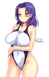 Rule 34 | 1girl, black one-piece swimsuit, breasts, collarbone, competition swimsuit, covered navel, cowboy shot, dated, forehead, gluteal fold, highleg, highleg swimsuit, highres, impossible clothes, impossible swimsuit, kantai collection, large breasts, montemasa, one-hour drawing challenge, one-piece swimsuit, purple eyes, purple hair, short hair, solo, swimsuit, tatsuta (kancolle), twitter username, two-tone swimsuit, white one-piece swimsuit