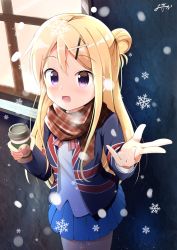 Rule 34 | 1girl, :d, blonde hair, blue jacket, blue skirt, blush, bow, brown scarf, commentary request, flag print, hair between eyes, hair bun, hair ornament, hairclip, highres, holding, inakami, jacket, kin-iro mosaic, kujou karen, long hair, long sleeves, looking at viewer, open clothes, open hand, open jacket, open mouth, pink bow, plaid, plaid scarf, purple eyes, scarf, school uniform, shirt, side bun, signature, single hair bun, single side bun, skirt, smile, snowflakes, snowing, solo, standing, striped bow, striped neckwear, union jack, white shirt, window, x hair ornament