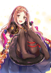 Rule 34 | 1girl, :d, black gloves, blush, bow, brown capelet, brown eyes, brown hair, brown pantyhose, capelet, chacha (fate), commentary request, fate/grand order, fate (series), feet, fur-trimmed capelet, fur trim, gloves, hairband, hand up, highres, konka, legs, long hair, looking at viewer, open mouth, panties, panties under pantyhose, pantyhose, parted bangs, purple bow, round teeth, smile, solo, teeth, thighband pantyhose, underwear, upper teeth only, very long hair, white background, yellow hairband