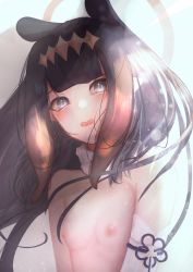 Rule 34 | 1girl, absurdres, armpit crease, arms at sides, artist request, black hair, blush, breasts, fang, halo, highres, hime cut, hololive, hololive english, long hair, looking at viewer, ninomae ina&#039;nis, nipples, nude, open mouth, small breasts, small nipples, solo, straight hair, virtual youtuber, white background