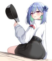 Rule 34 | 1girl, :d, ass, black hat, black skirt, blue hair, blush, commentary request, ear piercing, flat cap, green hair, hair between eyes, hair bun, hat, highres, holding, holding clothes, holding hat, long sleeves, looking at viewer, looking to the side, mole, mole under eye, multicolored hair, nanashi inc., ominaeshi (takenoko), open mouth, piercing, puffy long sleeves, puffy sleeves, purple eyes, shirt, simple background, single side bun, sitting, skirt, sleeves past wrists, smile, solo, streaked hair, suzumi nemo, two-tone hair, unworn hat, unworn headwear, virtual youtuber, white background, white shirt