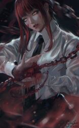 Rule 34 | 1girl, artist name, bigtravart, black necktie, blood, blood on face, braid, chain, chainsaw man, collared shirt, commentary, dark background, dated, english commentary, grin, highres, looking at viewer, makima (chainsaw man), necktie, red hair, red lips, ringed eyes, shirt, smile, solo, white shirt, yellow eyes