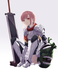 Rule 34 | 1girl, absurdres, armor, armored boots, boots, breastplate, gauntlets, gradient background, grey background, grin, heart (organ), highres, knight, looking at viewer, lusiperble, original, pink hair, planted, planted sword, planted weapon, red eyes, sabaton, scarf, short hair, shoulder armor, sitting, smile, solo, sword, thighhighs, weapon, white background