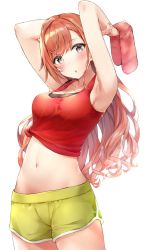 Rule 34 | 1girl, arisugawa natsuha, armpits, arms behind head, arms up, blush, breasts, brown hair, bvucki36gzoeq1c, cleavage, collarbone, grey eyes, highres, idolmaster, long hair, looking at viewer, medium breasts, midriff, navel, parted lips, solo, stomach