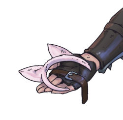 Rule 34 | 1other, brown gloves, cat hair ornament, fingerless gloves, gloves, hair ornament, unworn hair ornament, hand focus, holding, league of legends, phantom ix row, simple background, white background