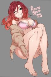 Rule 34 | 1girl, 2020, agawa ryou, artist name, barefoot, bra, breasts, cleavage, commentary, dated, feet, green eyes, grey background, grin, long hair, looking at viewer, medium breasts, one eye closed, original, pink bra, red hair, signature, simple background, smile, solo, thighs, toes, underwear