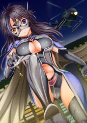 Rule 34 | aircraft, artist request, black hair, cape, cleavage cutout, clothing cutout, helicopter, heterochromia, highres, invulnerable, kenzaki ameri, lady justice (series), long hair, mask, multicolored hair, non-web source, streaked hair, superhero costume