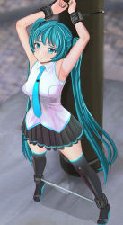 Rule 34 | 1girl, aqua eyes, aqua hair, armpits, arms up, aruman, bdsm, bondage, bound, bound legs, bound wrists, breasts, female focus, hatsune miku, highres, long hair, looking at viewer, necktie, ponytail, sandals, solo, spreader bar, standing, thighhighs, twintails, vocaloid