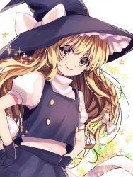 Rule 34 | &gt;:), 1girl, 8931ponzu, black gloves, black skirt, black vest, blonde hair, blush, bow, braid, floral background, glitter, gloves, hair bow, hands on own hips, hat, hat bow, kirisame marisa, long hair, looking at viewer, puffy short sleeves, puffy sleeves, short sleeves, side braid, skirt, skirt set, smile, solo, touhou, upper body, v-shaped eyebrows, vest, white bow, witch hat, yellow eyes