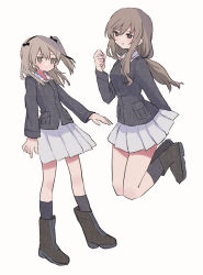Rule 34 | 2girls, alternate costume, arm behind back, black footwear, black ribbon, black socks, blue jacket, boots, brown eyes, closed mouth, commentary, floating, frown, girls und panzer, hair ribbon, highres, jacket, legs up, light brown hair, long hair, long sleeves, looking at another, looking at viewer, low ponytail, military, military uniform, miniskirt, mother and daughter, multiple girls, one side up, ooarai military uniform, pleated skirt, ri (qrcode), ribbon, shimada arisu, shimada chiyo, simple background, skirt, smile, socks, standing, uniform, white background, white skirt